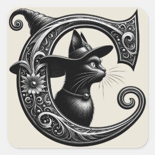 Pegatina Cuadrada Bruja Gato Negro Letra C Inicial Personalizada