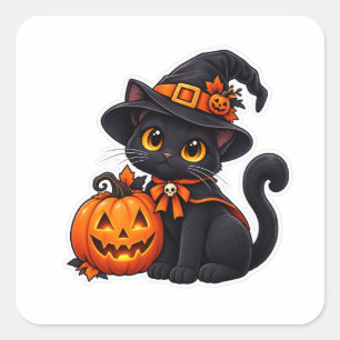 Pegatina Cuadrada Bruja Gato Negro Lindo Calabaza Halloween