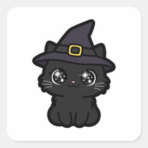 Pegatina Cuadrada Bruja Gato Negro Lindo Halloween