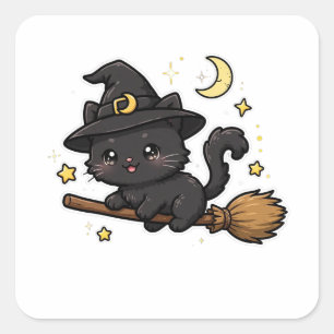 Pegatina Cuadrada Bruja Gato Negro Lindo Halloween