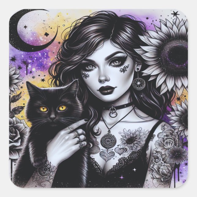 Pegatina Cuadrada Bruja gótica celestial y gato negro (Anverso)