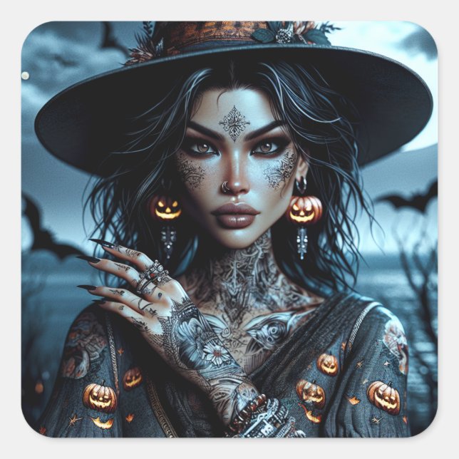 Pegatina Cuadrada Bruja gótica con Tattoos Halloween (Anverso)