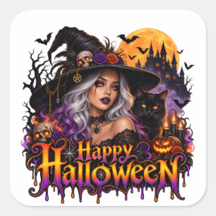Pegatina Cuadrada Bruja Gótica Feliz Halloween