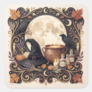 Pegatina Cuadrada Bruja Gótica Vintage Halloween Mágico