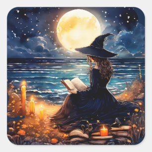 Pegatina Cuadrada Bruja leyendo un libro - Wicca Halloween 1