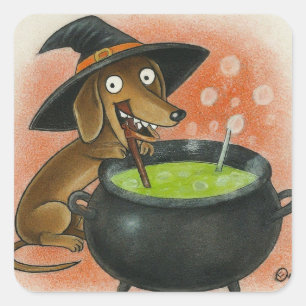 Pegatina Cuadrada Bruja Linda Dachshund