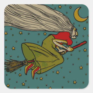 Pegatina Cuadrada Bruja malvada de Halloween vintage volando en esco
