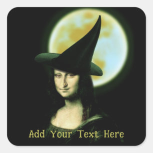 Pegatina Cuadrada Bruja Mona Lisa Halloween Luna Llena
