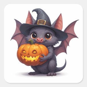 Pegatina Cuadrada Bruja Murciélago Adorable Sosteniendo Jack O Lante