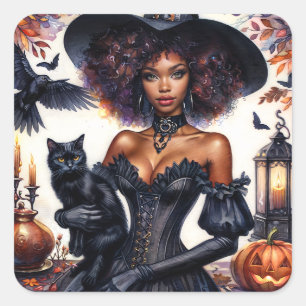 Pegatina Cuadrada Bruja negra de Halloween con gato otoño