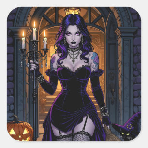 Pegatina Cuadrada Bruja negra y púrpura con Halloween en Candelabra