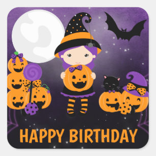 Pegatina Cuadrada Bruja niña linda y calabazas Feliz Cumpleaños