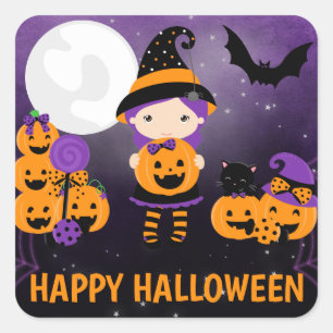 Pegatina Cuadrada Bruja niña linda y calabazas feliz Halloween