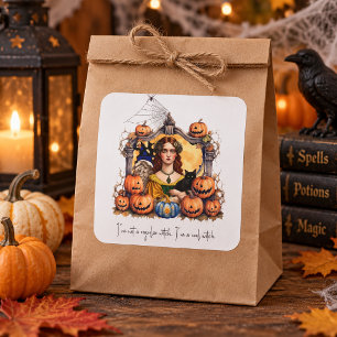 Pegatina Cuadrada Bruja vintage de Halloween con calabazas