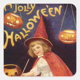 Pegatina Cuadrada Bruja Vintage Jolly Halloween de Ellen Clapsaddle