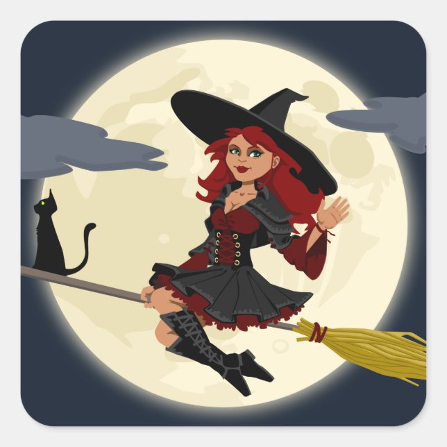 Pegatina Cuadrada Bruja voladora con escoba y gato negro (Anverso)