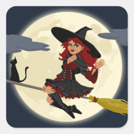 Pegatina Cuadrada Bruja voladora con escoba y gato negro