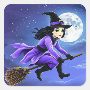 Pegatina Cuadrada Bruja volando en una escoba - Wicca Halloween 1