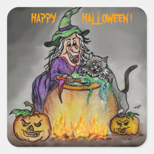 Pegatina Cuadrada Bruja y gato, ¡Feliz Halloween!