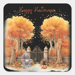 Pegatina Cuadrada Bruja y gato fuera de la puerta Halloween