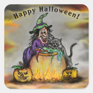 Pegatina Cuadrada Bruja y gato negro, ¡Feliz Halloween!