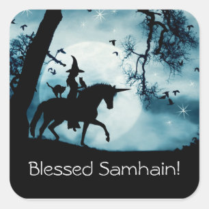 Pegatina Cuadrada Bruja y Unicornio con Samhain Bendito 
