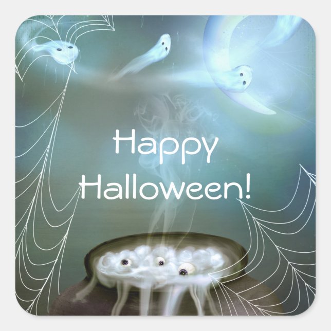Pegatina Cuadrada Brujas Poción Fiesta Fantasmal de Halloween Favor (Anverso)