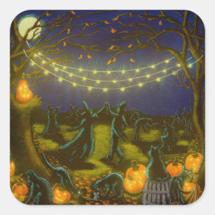 Pegatina Cuadrada brujas y magos de Halloween bailan