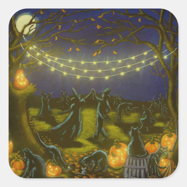 Pegatina Cuadrada Brujas y magos de Halloween bailan (Anverso)