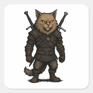 Pegatina Cuadrada Brujo Gato – Guerrero de Fantasía Medieval