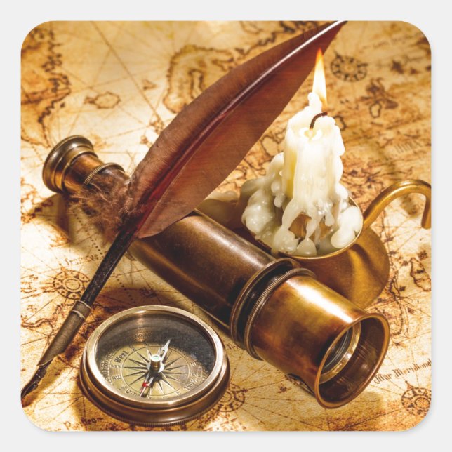 Pegatina Cuadrada brújula de antigüedades del telescopio náutico de  (Anverso)