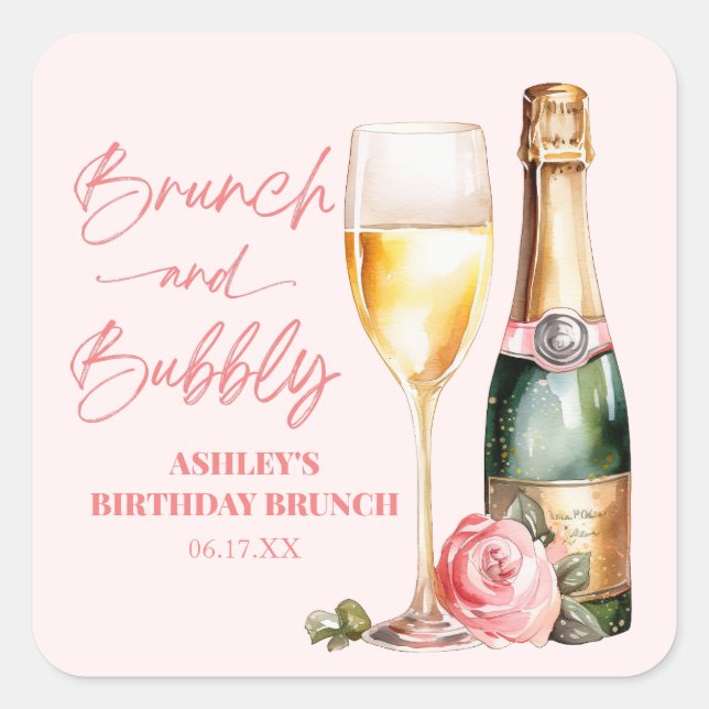 Pegatina Cuadrada Brunch y Bubbly Mimosa Champagne Brunch de cumplea (Anverso)