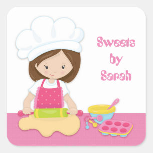 Pegatina Cuadrada Brunette Baker, Gorra Chef, Rosa