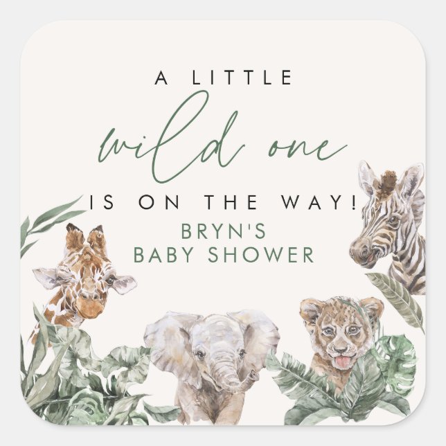 Pegatina Cuadrada BRYN Cute Jungle Safari Baby Baby Shower Animal (Anverso)