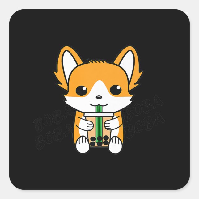 Pegatina Cuadrada Bubble Tea Boba Corgi Premium (Anverso)