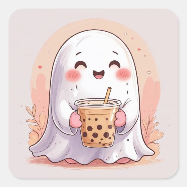 Pegatina Cuadrada Bubble Tea Ghost (Anverso)