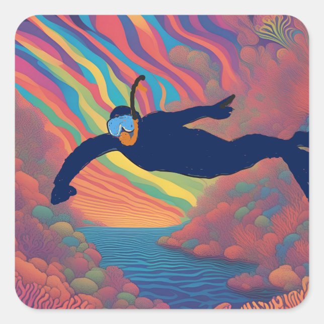 Pegatina Cuadrada Buceador arcoiris (Anverso)