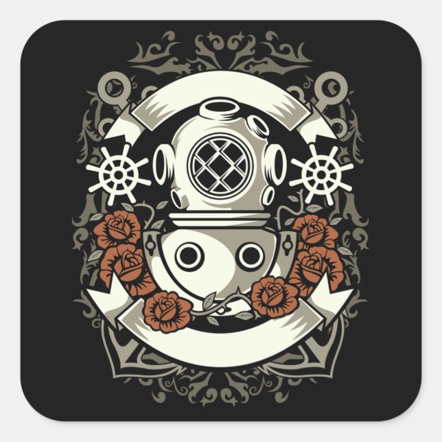 Pegatina Cuadrada Buceador de Scuba (Anverso)