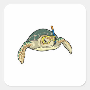 Pegatina Cuadrada Buceador de tortuga Snorkel
