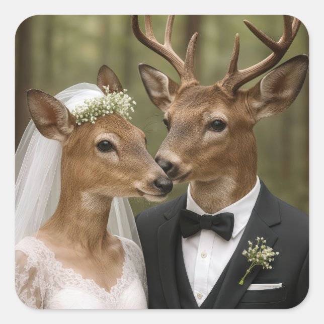 Pegatina Cuadrada Buck and Doe Deer Wedding In Forest (Anverso)