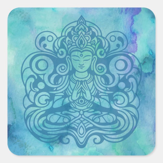 Pegatina Cuadrada Buda en Peace Blue (Anverso)