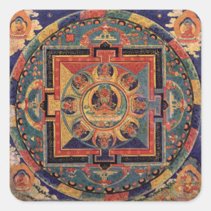 Pegatina Cuadrada Buda Mandala Antigüedad tibetana Thanka