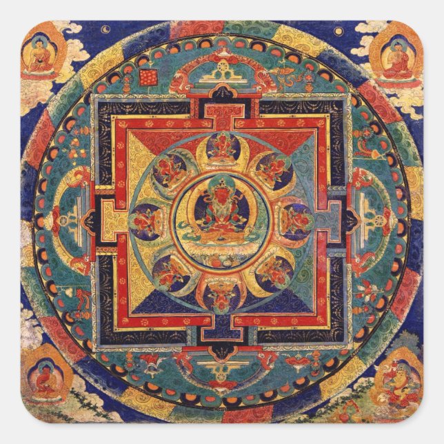 Pegatina Cuadrada Buda Mandala Antique Tibetano Thanka (Anverso)