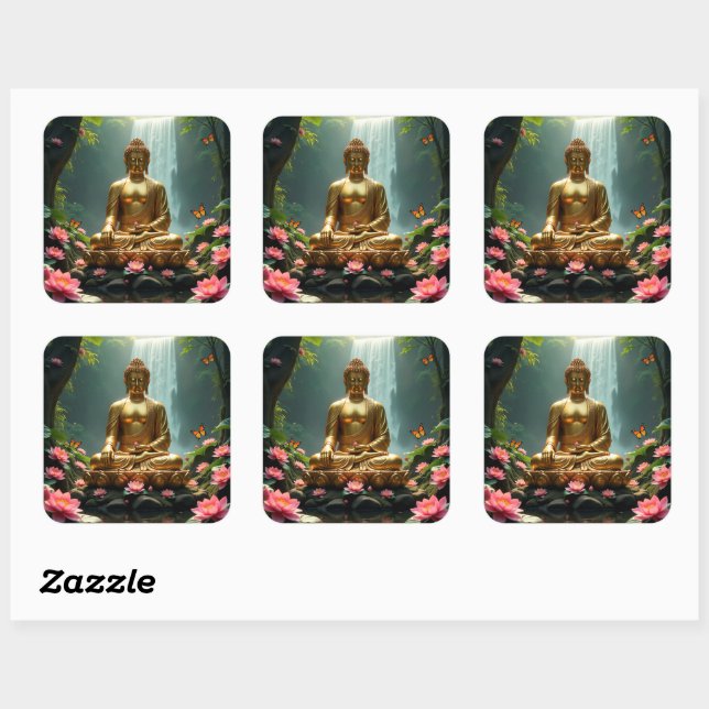 Pegatina Cuadrada Buda tranquilo, cascada, mariposas, Lotus (Hoja)