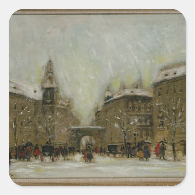 Pegatina Cuadrada Budapest en la nieve (Anverso)