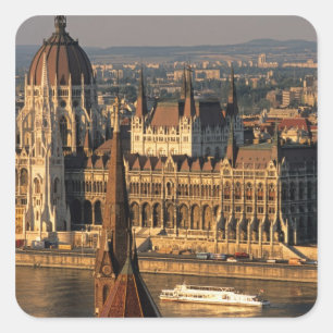 Pegatina Cuadrada Budapest, Hungría, río Danubio, Parlamento