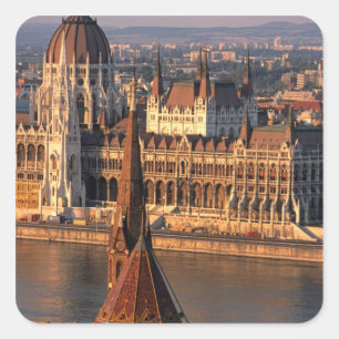 Pegatina Cuadrada Budapest, Hungría, río Danubio, Parlamento