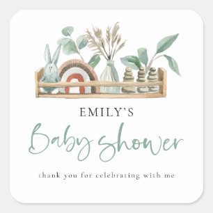 Pegatina Cuadrada Budget Boho Shelf Toys Sage Baby Shower gracias