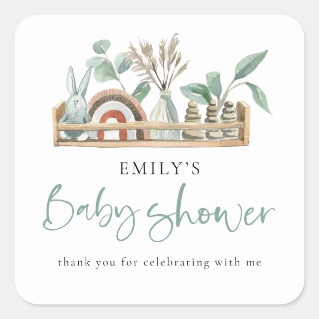 Pegatina Cuadrada Budget Boho Shelf Toys Sage Baby Shower gracias (Anverso)