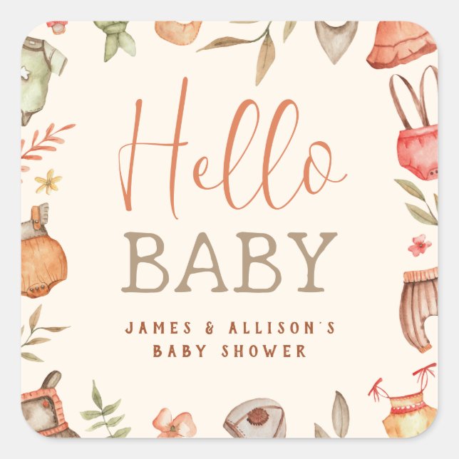 Pegatina Cuadrada Budget Hello Baby Fall Boho Clothes Baby Shower (Anverso)